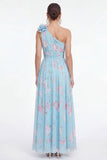 Green One Shoulder A-Line Ruched Chiffon Floral Dress with 3D Flower