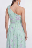Green One Shoulder A-Line Ruched Chiffon Floral Dress with 3D Flower