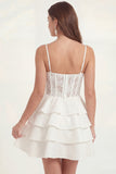 White Floral A Line Tiered Ruffle Corset Mini Graduation Dress