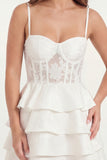 White Floral A Line Tiered Ruffle Corset Mini Graduation Dress