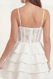 White Floral A Line Tiered Ruffle Corset Mini Graduation Dress