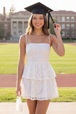 White Lace Floral A Line Tiered Ruffle Mini Graduation Dress