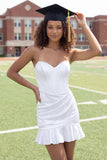 White Sweetheart Satin Corset Ruched Mini Graduation Dress with Ruffles