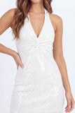 Sparkly White Halter Bodycon Mini Dress with Sequins