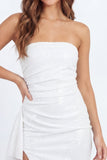 Sparkly White Sequin Bodycon Strapless Short Graduation Dress with Sash