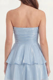 Glitter White Strapless A Line Tiered Ruffled Short Graduation Dress