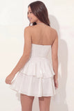 Glitter White Strapless A Line Tiered Ruffled Short Graduation Dress