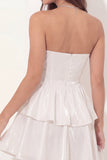 Glitter White Strapless A Line Tiered Ruffled Short Graduation Dress