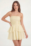 Glitter White Strapless A Line Tiered Ruffled Short Graduation Dress