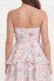 White Pink Flower Tiered Ruffled Strapless A Line Short Graduation Dress