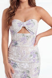 White Purple Flower Keyhole Bodycon Mini Dress with Bow