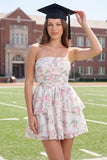White Pink Flower Strapless A Line Ruffled Mini Graduation Dress