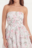 White Pink Flower Strapless A Line Ruffled Mini Graduation Dress