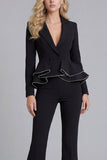 2 Piece Notched Lapel Double Breasted Wide Leg Black Prom Suits with Ruffles