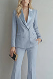 Peak Lapel Blue Double Breasted 2 Piece Wide Leg Prom Suits