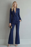 Peak Lapel Blue Double Breasted 2 Piece Wide Leg Prom Suits