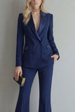 Peak Lapel Blue Double Breasted 2 Piece Wide Leg Prom Suits