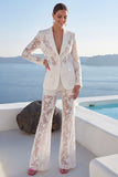 White Peak Lapel 2 Piece Lace Appliqued Women Suits with Sleeves