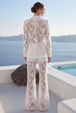 White Peak Lapel 2 Piece Lace Appliqued Women Suits with Sleeves