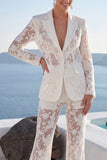 White Peak Lapel 2 Piece Lace Appliqued Women Suits with Sleeves