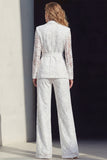 2 Piece White Lace Floral Notched Lapel Wide Leg Prom Suits with Belt