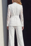 2 Piece White Lace Floral Notched Lapel Wide Leg Prom Suits with Belt