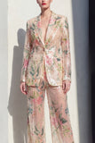 Champagne Floral 2 Piece Wide Leg Notched Lapel Single Breasted Formal Suits