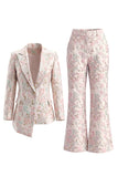 Champagne and Pink 2 Piece Floral Peak Lapel Double Breasted Prom Suits