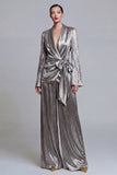 2 Piece Grey Wide Leg Shawl Lapel Prom Suits with Bow