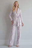 Lilac Floral Single Breasted 2 Piece Peak Lapel Wide Leg Prom Suits with Belt