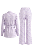 Lilac Floral Single Breasted 2 Piece Peak Lapel Wide Leg Prom Suits with Belt