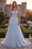 Blue A-Line Off the Shoulder Corset Tulle Long Prom Dress with Appliques