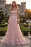 Blue A-Line Off the Shoulder Corset Tulle Long Prom Dress with Appliques