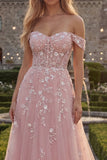Blue A-Line Off the Shoulder Corset Tulle Long Prom Dress with Appliques