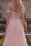 Blue A-Line Off the Shoulder Corset Tulle Long Prom Dress with Appliques