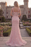 Sparkly Blue Mermaid Spaghetti Straps Appliqued Corset Long Prom Dress with Beading
