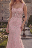 Sparkly Blue Mermaid Spaghetti Straps Appliqued Corset Long Prom Dress with Beading
