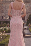 Sparkly Blue Mermaid Spaghetti Straps Appliqued Corset Long Prom Dress with Beading