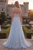 Sparkly Blue A-Line Spaghetti Straps Beaded Tulle Long Prom Dress with Appliques