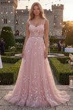 Sparkly Blue A-Line Spaghetti Straps Beaded Tulle Long Prom Dress with Appliques