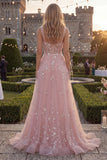Sparkly Blue A-Line Spaghetti Straps Beaded Tulle Long Prom Dress with Appliques