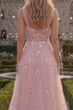 Sparkly Blue A-Line Spaghetti Straps Beaded Tulle Long Prom Dress with Appliques