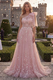 Sparkly Blue A-Line One Shoulder Bow Beaded Tulle Long Prom Dress with Appliques