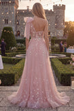 Sparkly Blue A-Line One Shoulder Bow Beaded Tulle Long Prom Dress with Appliques