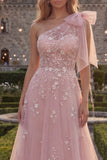 Sparkly Blue A-Line One Shoulder Bow Beaded Tulle Long Prom Dress with Appliques