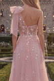Sparkly Blue A-Line One Shoulder Bow Beaded Tulle Long Prom Dress with Appliques