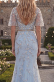 Sparkly Blue Mermaid V-Neck Long Beaded Tulle Prom Dress with Appliques