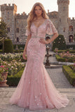 Sparkly Blue Mermaid V-Neck Long Beaded Tulle Prom Dress with Appliques