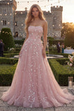 Sparkly Blue A-Line Strapless Beaded Long Tulle Prom Dress with Appliques