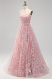 Sparkly Blue A-Line Strapless Beaded Long Formal Dress